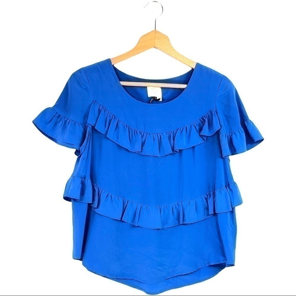 Anthro. HD In Paris - Blue Silk Ruffle Tee Blouse - Small